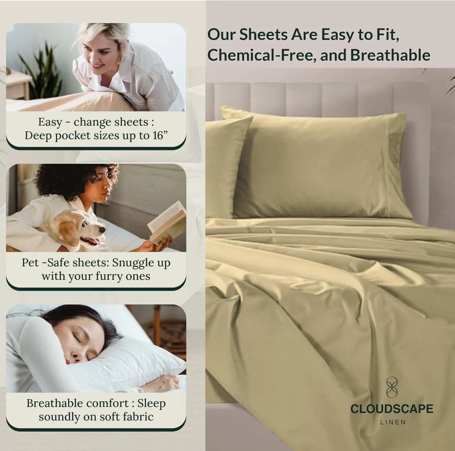 100% Egyptian Cotton Sheets Queen Size Bed Set, 4 Pieces Luxury Bedding Sheet, 1000 Thread Count,Hotel Quality, Silky Soft, Breathable and Durable, Deep Pockets up to 17,Beige