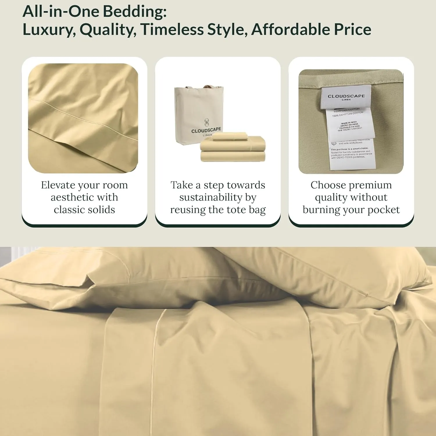100% Egyptian Cotton Sheets Queen Size Bed Set, 4 Pieces Luxury Bedding Sheet, 1000 Thread Count,Hotel Quality, Silky Soft, Breathable and Durable, Deep Pockets up to 17,Beige