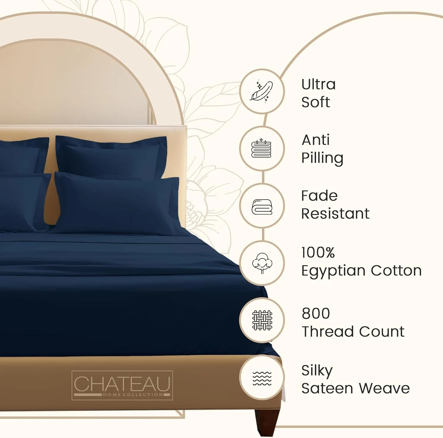 100% Egyptian Cotton Sheets Queen Size Set, 800 TC Deep Pocket Queen Sheets Set, Soft Breathable Sateen Weave 4 PC Elasticated Sheet & Pillowcase Sets, No Pill & Shrink, Fade Resistant- Dark Denim