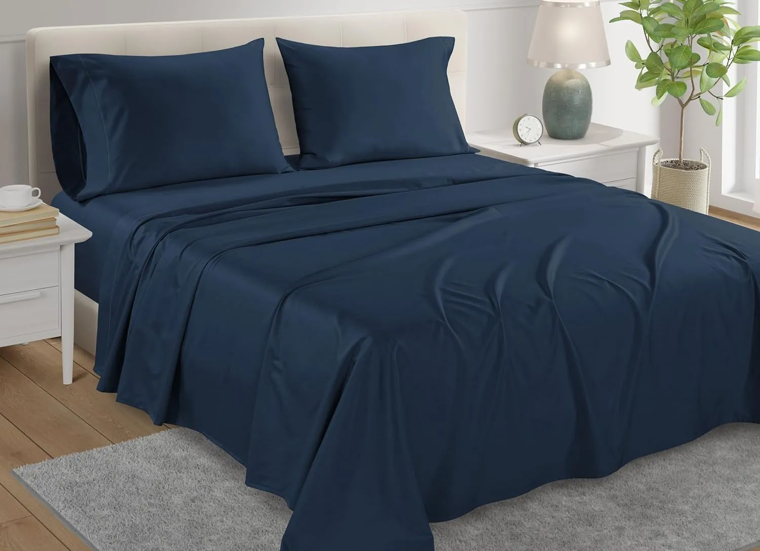 100% Egyptian Cotton Sheets Queen Size Set, 800 TC Deep Pocket Queen Sheets Set, Soft Breathable Sateen Weave 4 PC Elasticated Sheet & Pillowcase Sets, No Pill & Shrink, Fade Resistant- Dark Denim
