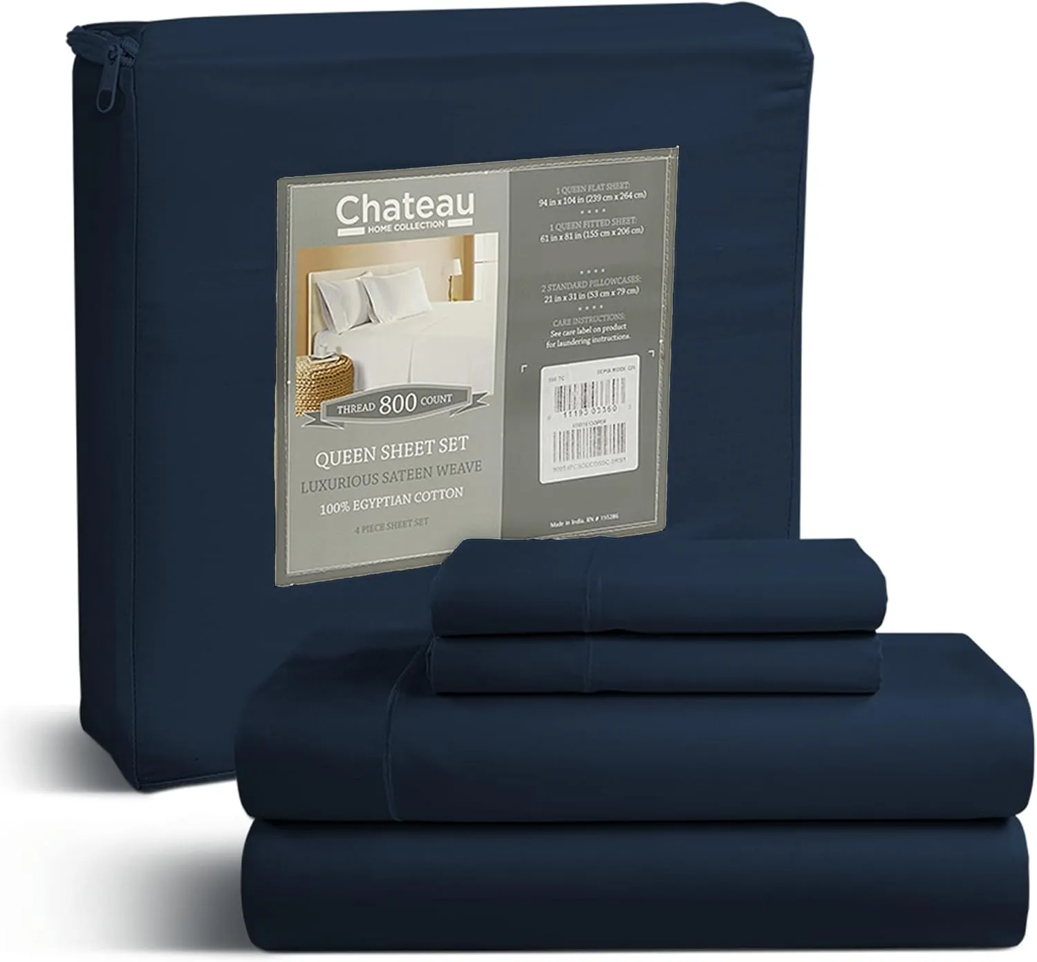 100% Egyptian Cotton Sheets Queen Size Set, 800 TC Deep Pocket Queen Sheets Set, Soft Breathable Sateen Weave 4 PC Elasticated Sheet & Pillowcase Sets, No Pill & Shrink, Fade Resistant- Dark Denim