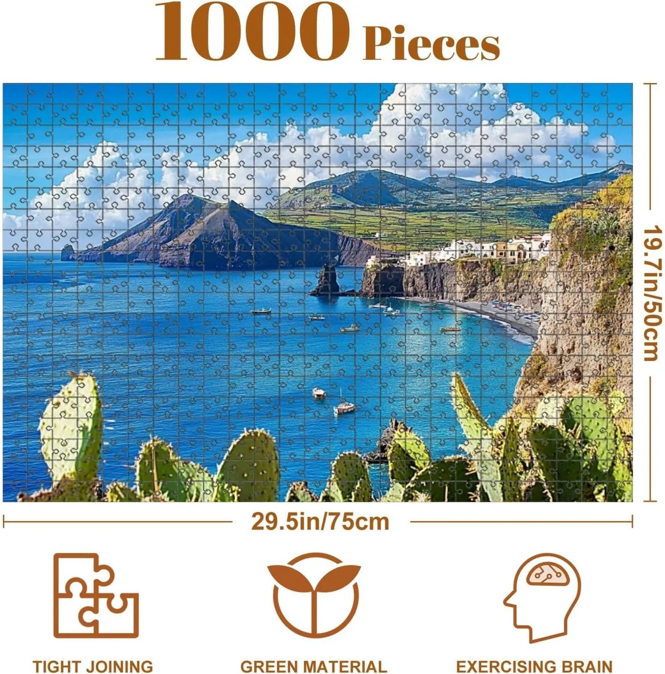 1000 Piece Coastal Landscape Puzzle Aeolian Islands 20" x 30" Countdown Indoor Activities Difficult Jigsaw Puzzle Set for Adults, Children - Educational Toys Gift