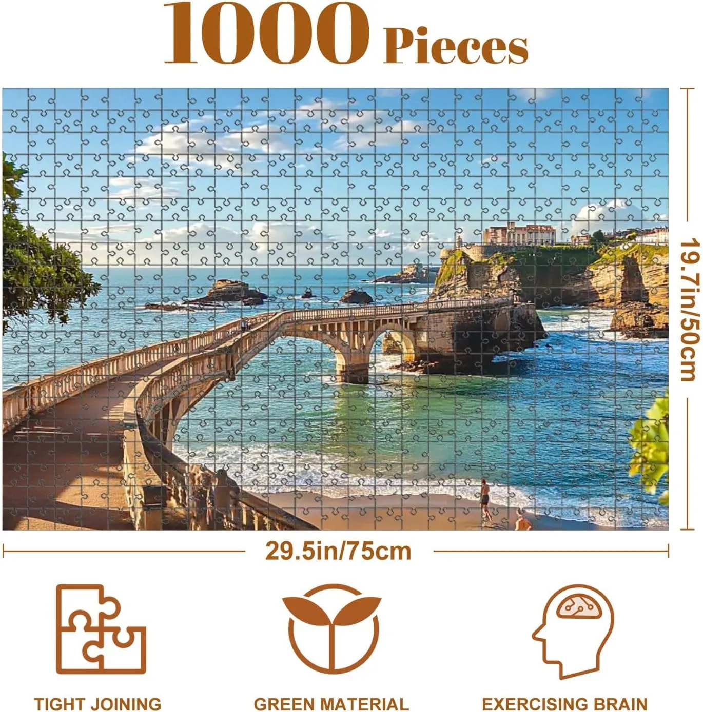 1000 Piece Coastal Landscape Puzzle Bridge to Island Biarritz 20" x 30" Countdown Indoor Activities Difficult Jigsaw Puzzle Set for Adults, Children - Educational Toys Gift