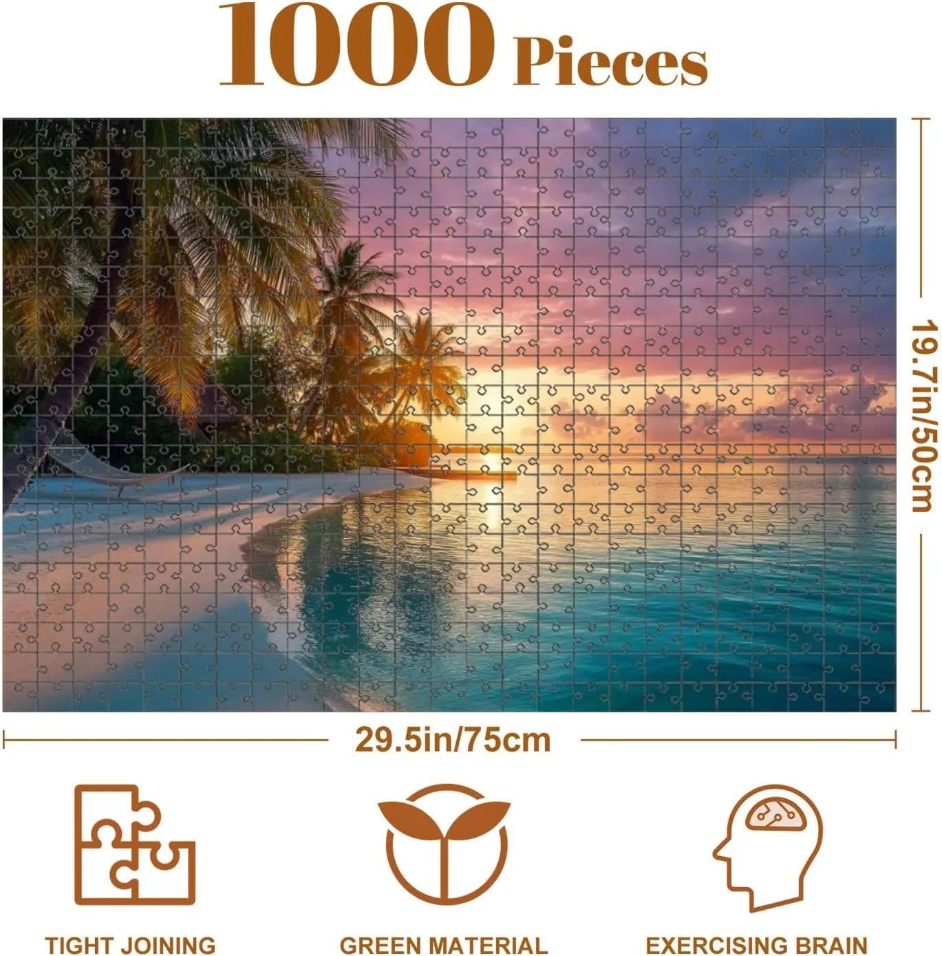 1000 Piece Coastal Landscape Puzzle Sunrise Behind Tropical Island Maldives 20" x 30" Countdown Indoor Activities Difficult Jigsaw Puzzle Set for Adults, Children - Educational Toys Gift