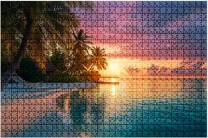 1000 Piece Coastal Landscape Puzzle Sunrise Behind Tropical Island Maldives 20" x 30" Countdown Indoor Activities Difficult Jigsaw Puzzle Set for Adults, Children - Educational Toys Gift