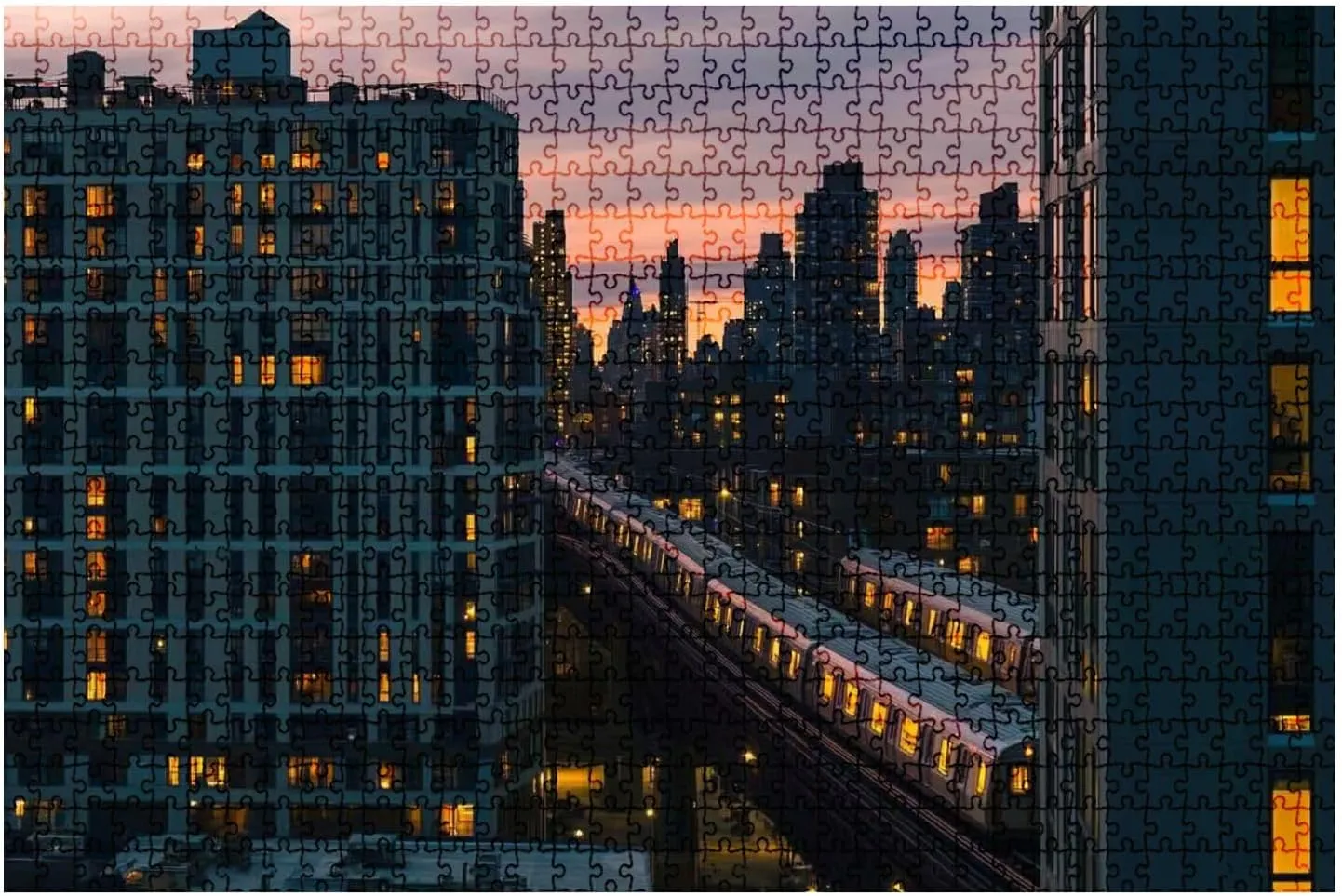 1000 Piece Puzzle Train Riding Between Buildings Long Island City Evening 20" x 30" Countdown Indoor Activities Difficult Jigsaw Puzzle Set for Adults, Children - Educational Toys Gift