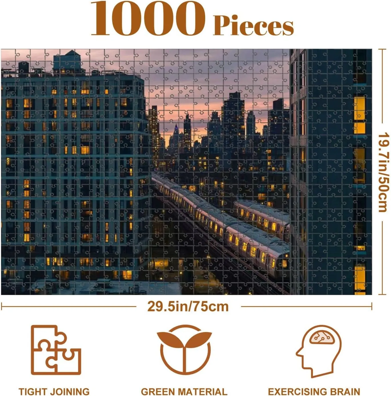 1000 Piece Puzzle Train Riding Between Buildings Long Island City Evening 20" x 30" Countdown Indoor Activities Difficult Jigsaw Puzzle Set for Adults, Children - Educational Toys Gift