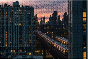 1000 Piece Puzzle Train Riding Between Buildings Long Island City Evening 20" x 30" Countdown Indoor Activities Difficult Jigsaw Puzzle Set for Adults, Children - Educational Toys Gift