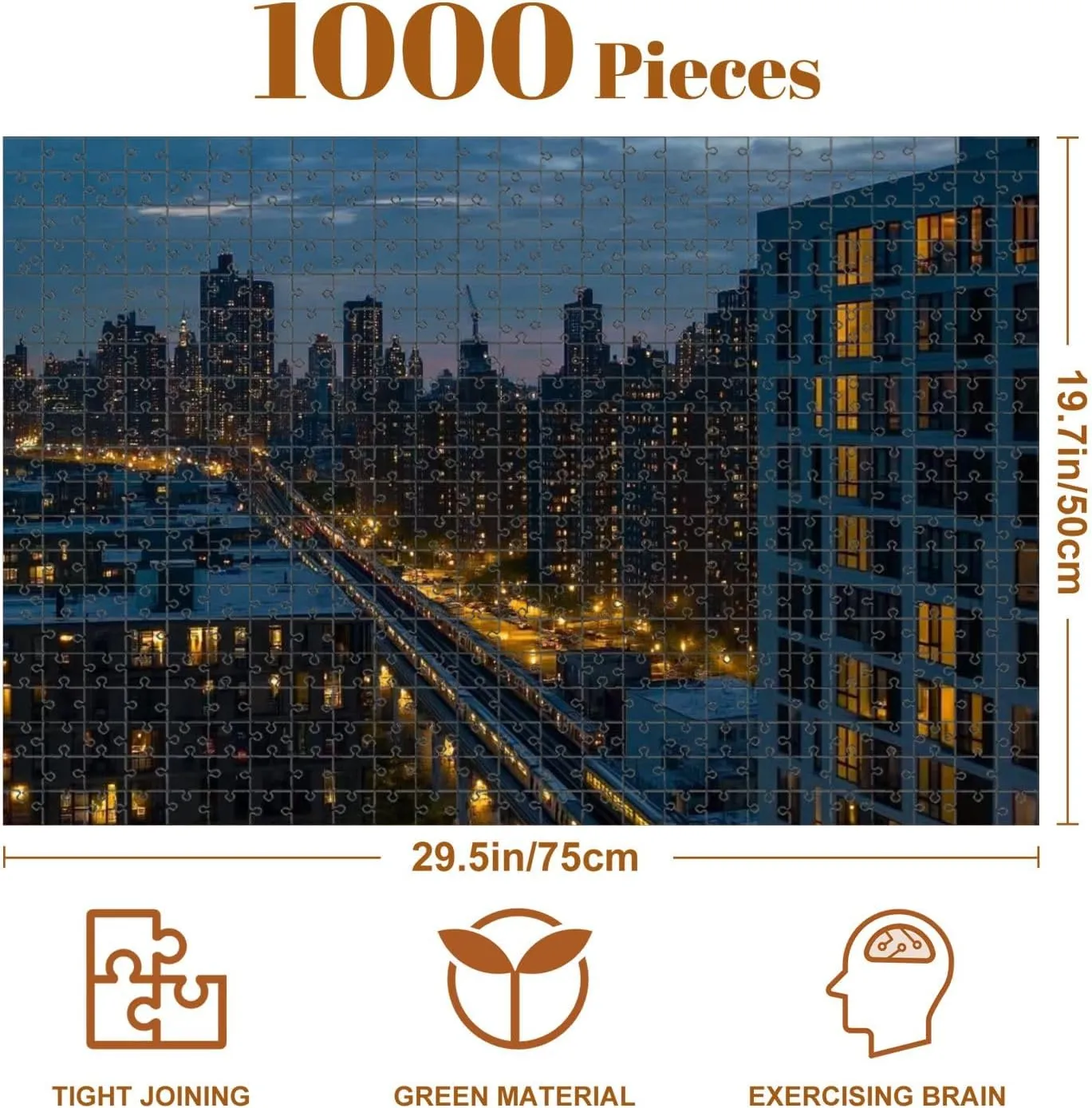 1000 Piece Puzzle Train Riding Between Buildings Long Island City Night Bridge seen 20" x 30" Countdown Indoor Activities Difficult Jigsaw Puzzle Set for Adults, Children - Educational Toys Gift