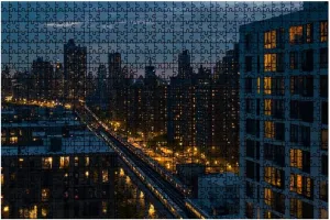 1000 Piece Puzzle Train Riding Between Buildings Long Island City Night Bridge seen 20" x 30" Countdown Indoor Activities Difficult Jigsaw Puzzle Set for Adults, Children - Educational Toys Gift