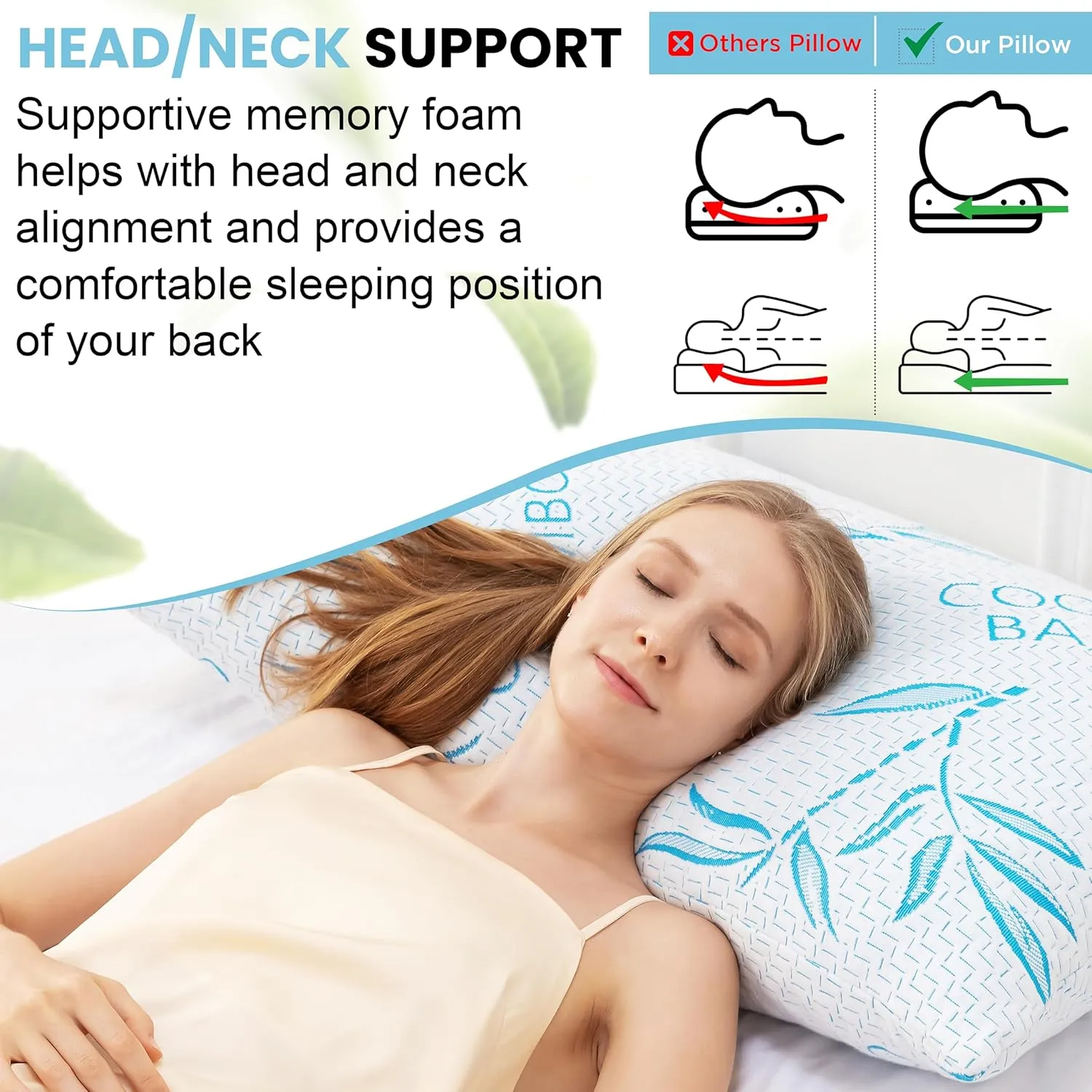 2 Pack Standard Size Rayon Derived from Bamboo Pillow for Sleeping, Cooling Shredded Memory Foam Adjustable Bed Pillow with Hypoallergenic, Removable/Washable Cover