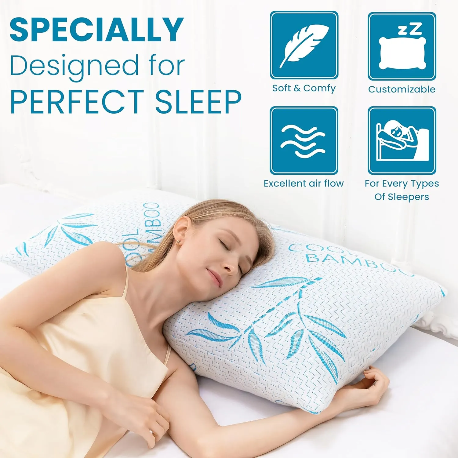 2 Pack Standard Size Rayon Derived from Bamboo Pillow for Sleeping, Cooling Shredded Memory Foam Adjustable Bed Pillow with Hypoallergenic, Removable/Washable Cover