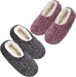 2-Pair Thick Warm Fuzzy Slippers for Women Indoor Fluffy Sherpa Lined, Winter House Shoe Socks Non-Slip Soft Soles, Cozy Christmas Gifts