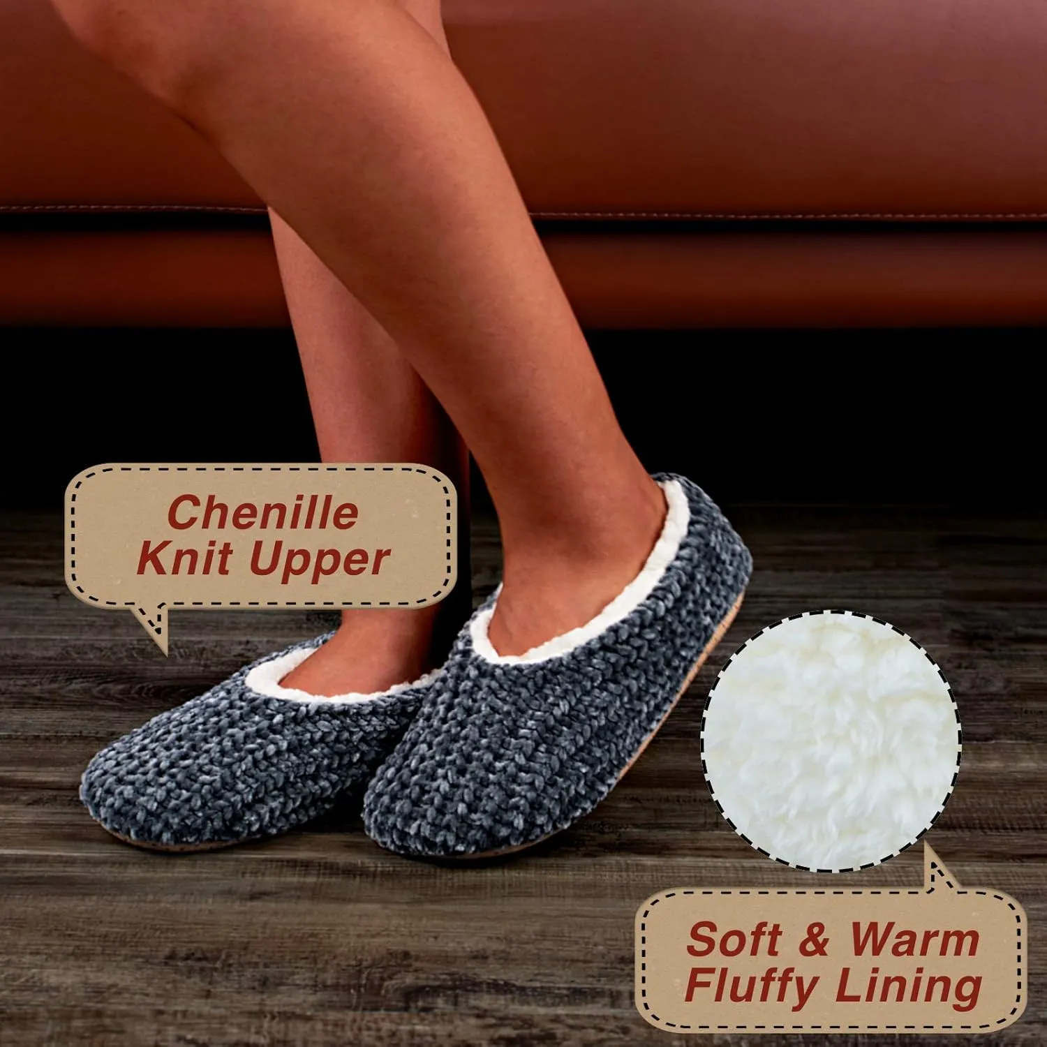 2-Pair Thick Warm Fuzzy Slippers for Women Indoor Fluffy Sherpa Lined, Winter House Shoe Socks Non-Slip Soft Soles, Cozy Christmas Gifts