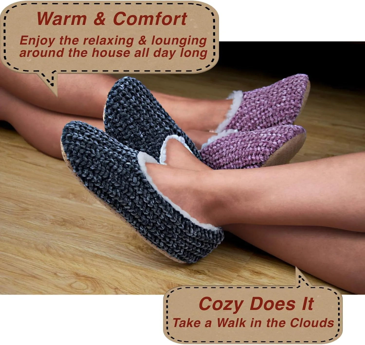 2-Pair Thick Warm Fuzzy Slippers for Women Indoor Fluffy Sherpa Lined, Winter House Shoe Socks Non-Slip Soft Soles, Cozy Christmas Gifts