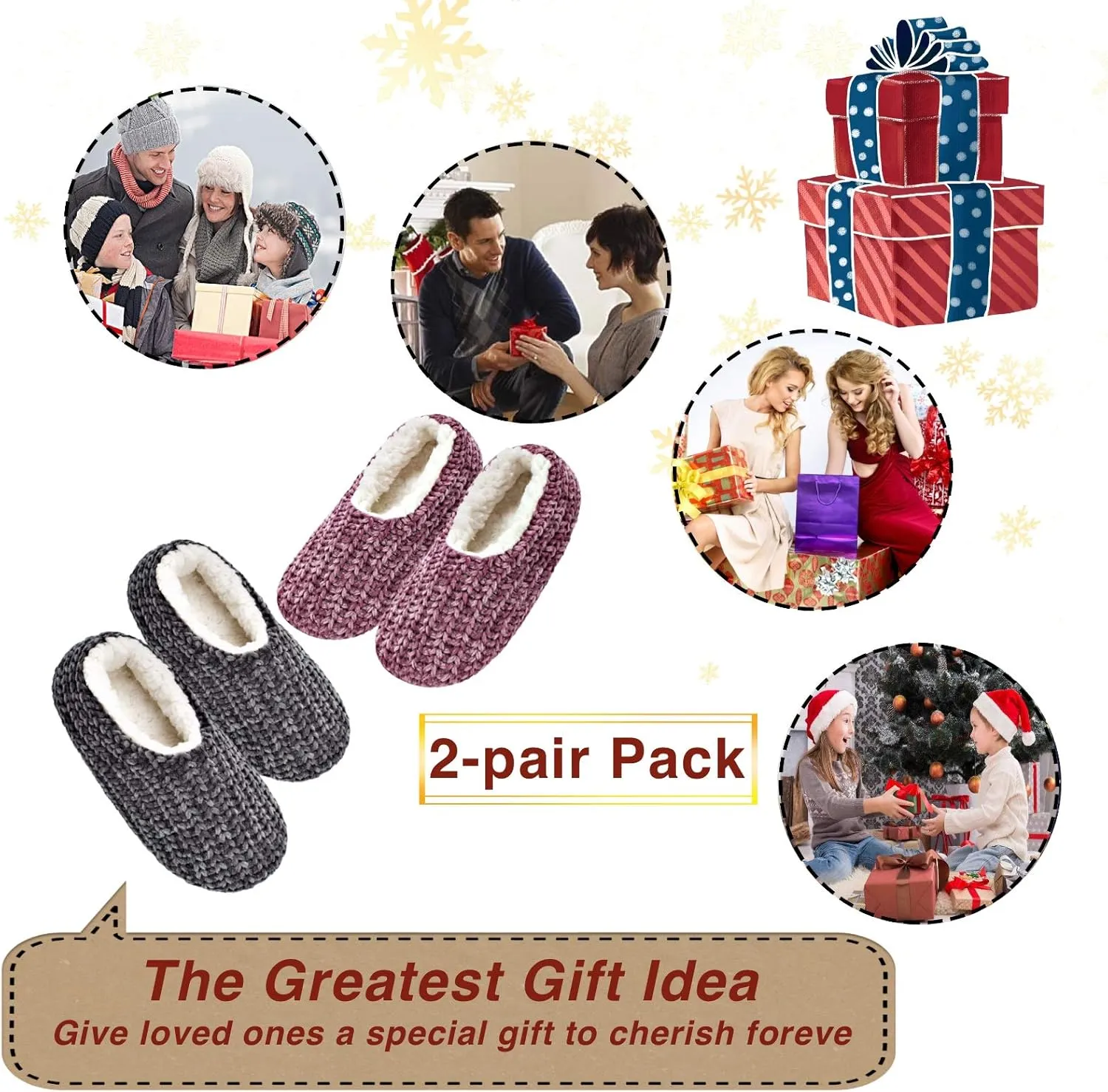 2-Pair Thick Warm Fuzzy Slippers for Women Indoor Fluffy Sherpa Lined, Winter House Shoe Socks Non-Slip Soft Soles, Cozy Christmas Gifts