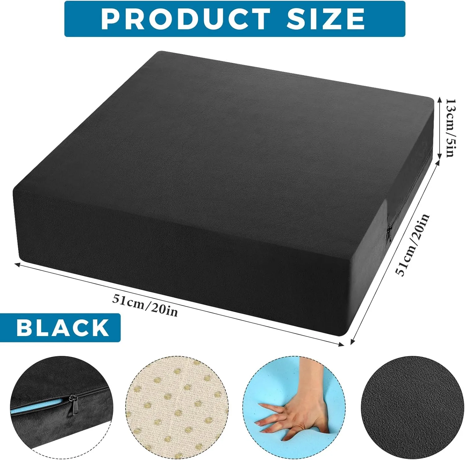 20 x 20 x 5 Inch Recliner Cushions for Elderly, Thicken Memory Foam Seat Cushion, Square Chair Cushions Non Slip Pads for Recliners, Armchairs, Relief and Comfort(Black)