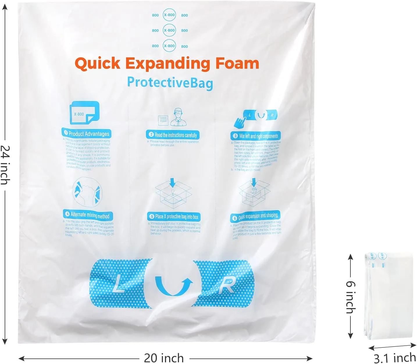 20” x 24” 2 PCS TONESPAC Instant Pack Quick Expanding Foam X-800 Packaging Bag for Packaging and Shipping