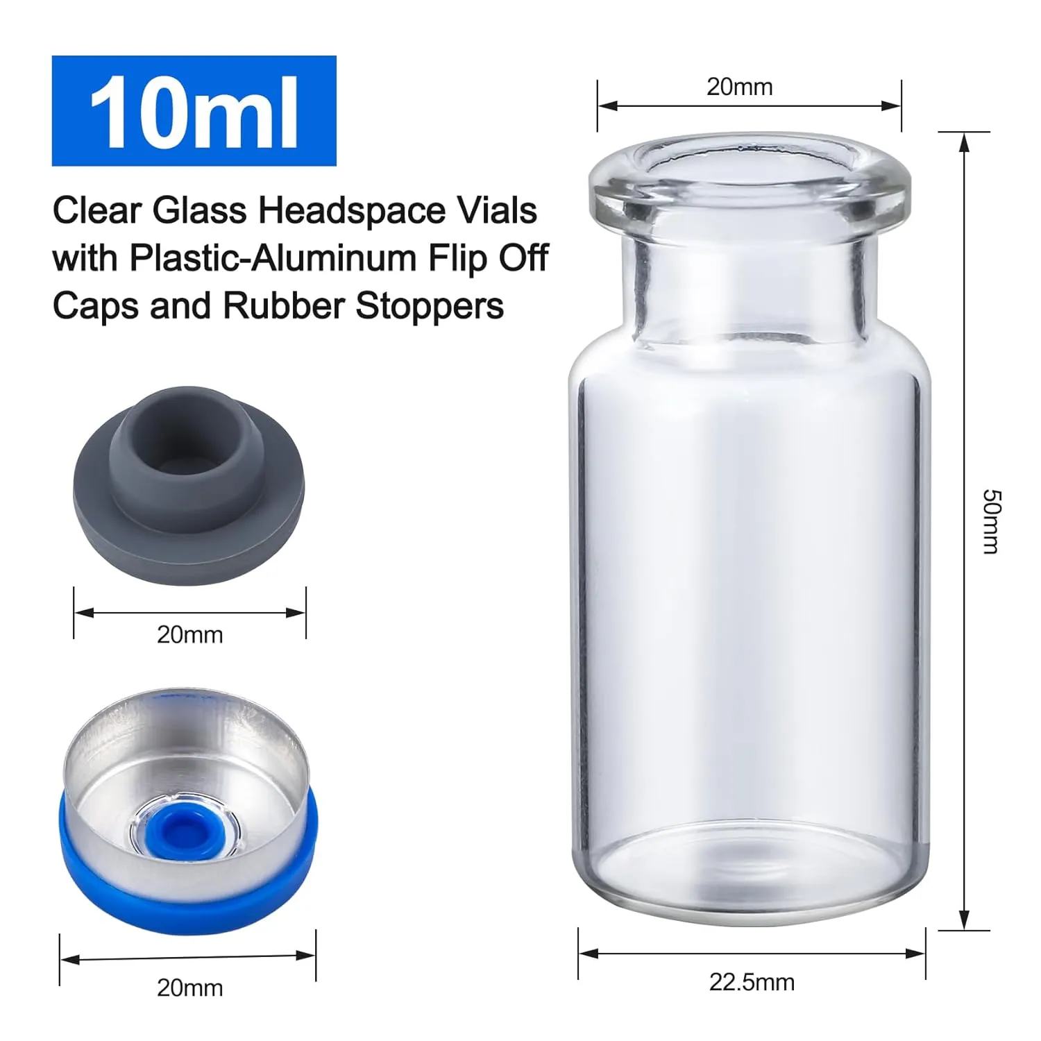 200 Pack 10ml Glass Vials, Clear Glass Headspace Vials with Plastic-Aluminum Flip Off Caps and Rubber Stoppers, 20mm Transparent Flat Bottom Lab Vial