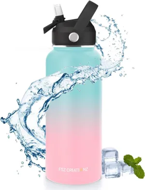 32oz Stainless Steel Water Bottle, Vacuum Insulated Double Walled, Sports & leisure Water Bottle with leak Proof Flip Lid & Straw, 24 hours Cold and 12 hours Hot, Blue & Pink, BPA Free