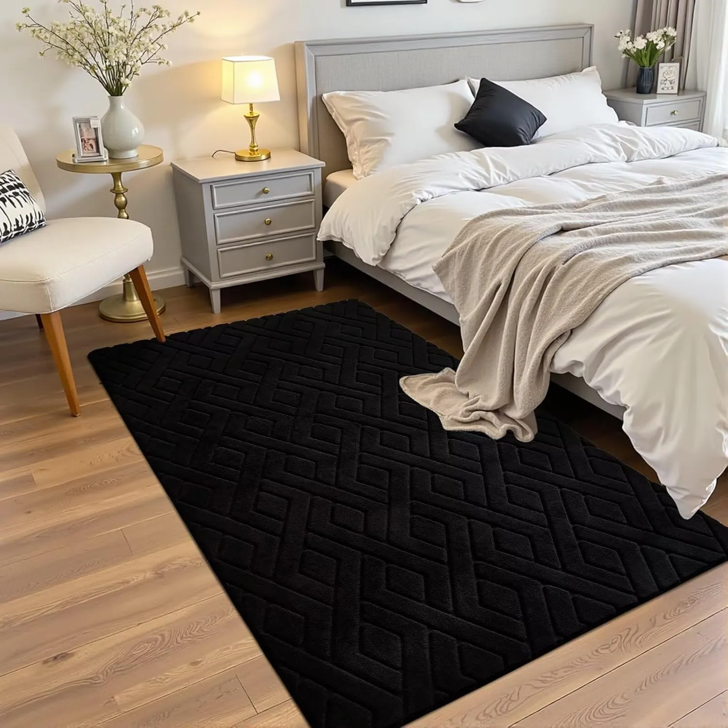 4x6 Black Washable Area Rug for Bedroom, Modern Geometric Shag Non-Slip Living Room Rugs, Fluffy Plush Soft Memory Foam Carpet for Kids Boys Room Nursery Room Dorm Bedside Decor