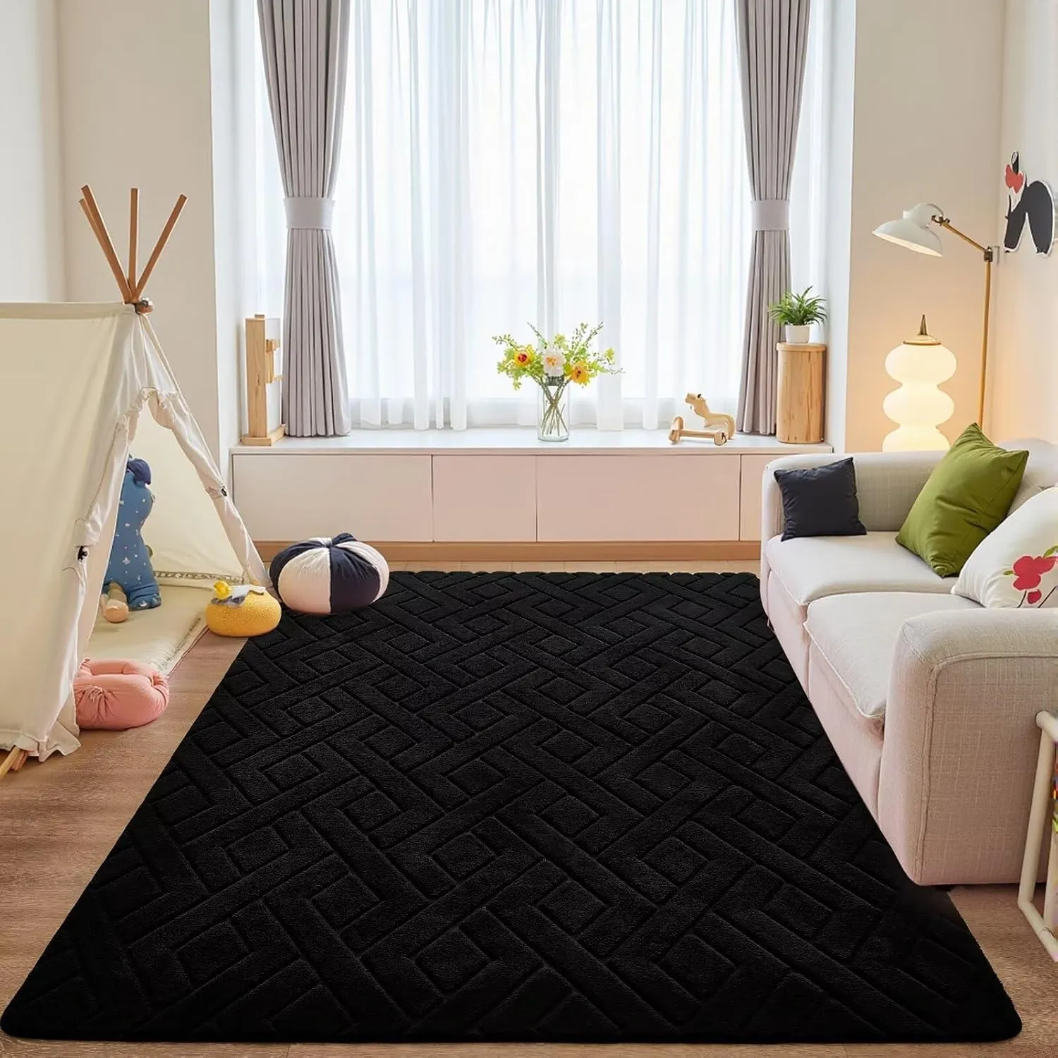 4x6 Black Washable Area Rug for Bedroom, Modern Geometric Shag Non-Slip Living Room Rugs, Fluffy Plush Soft Memory Foam Carpet for Kids Boys Room Nursery Room Dorm Bedside Decor