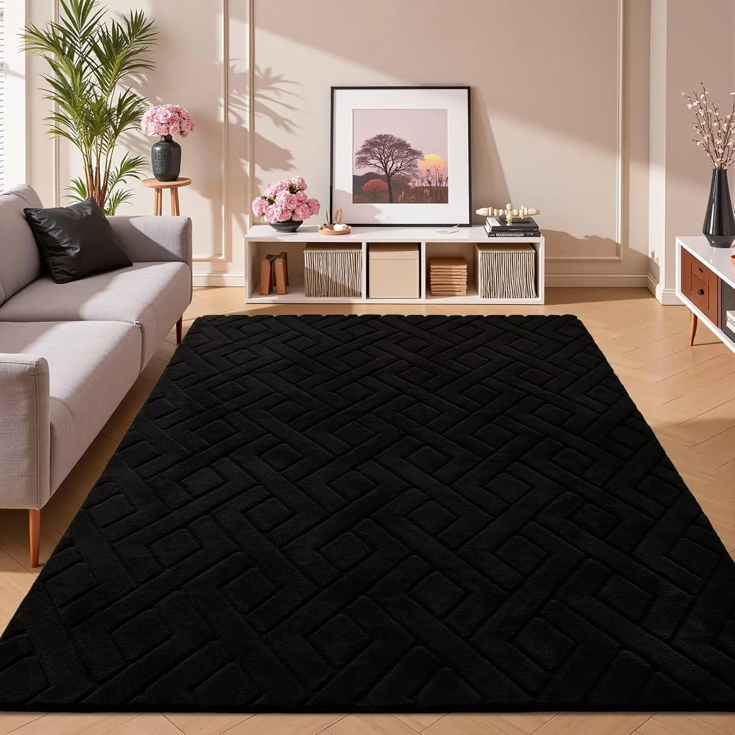 4x6 Black Washable Area Rug for Bedroom, Modern Geometric Shag Non-Slip Living Room Rugs, Fluffy Plush Soft Memory Foam Carpet for Kids Boys Room Nursery Room Dorm Bedside Decor