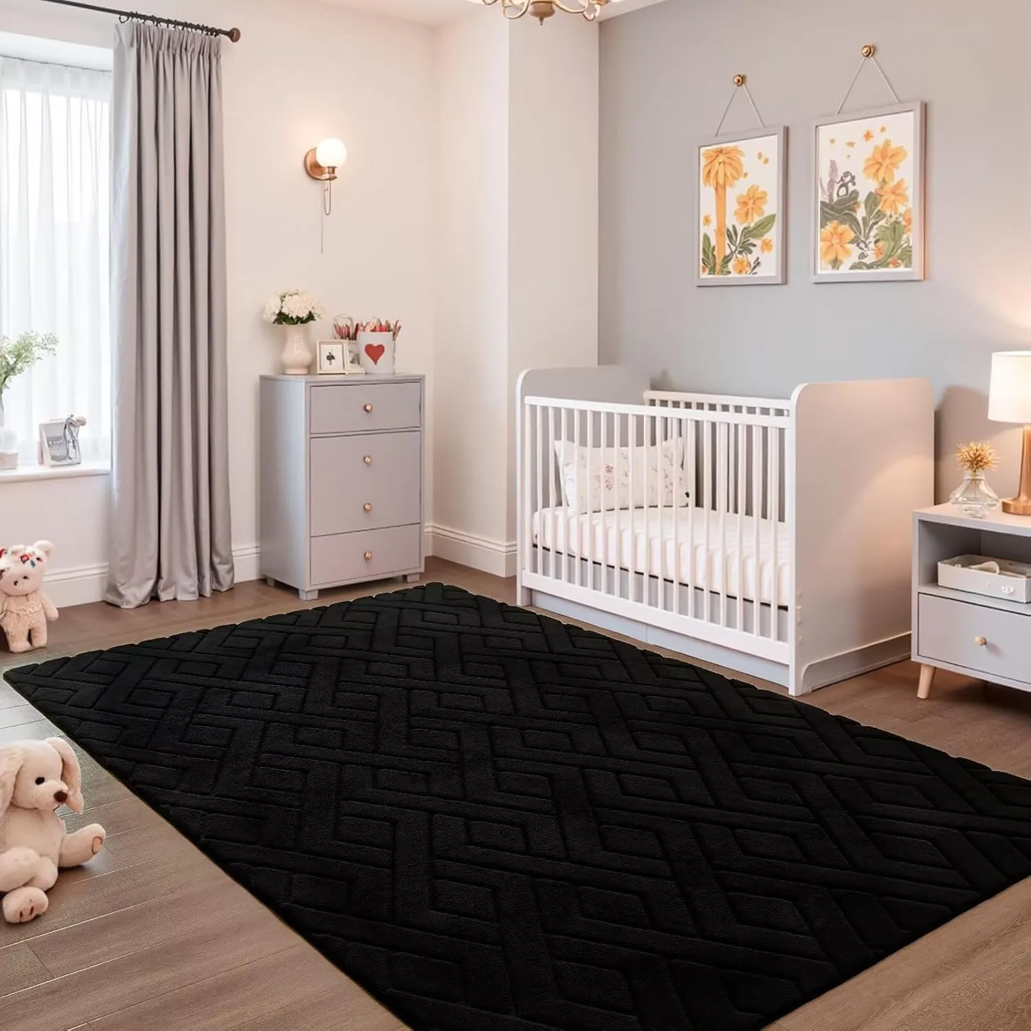 4x6 Black Washable Area Rug for Bedroom, Modern Geometric Shag Non-Slip Living Room Rugs, Fluffy Plush Soft Memory Foam Carpet for Kids Boys Room Nursery Room Dorm Bedside Decor
