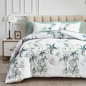 6 Pieces Bed in a Bag Twin Comforter Set with Sheets, Green Leaves on White Botanical Design Bedding Sets for Kids (1 Comforter, 2 Pillow Shams, 1 Flat Sheet, 1 Fitted Sheet, 1 Pillowcases)