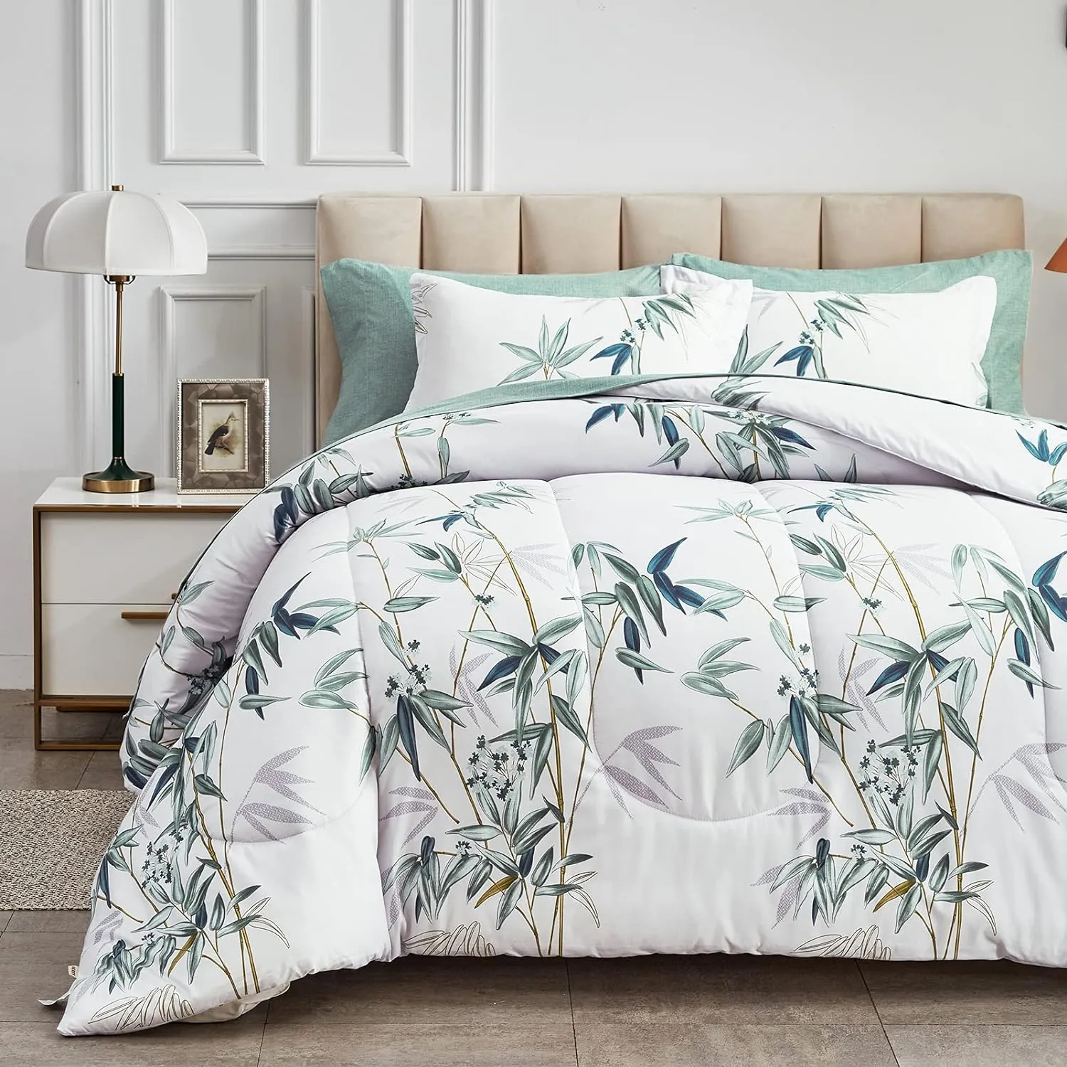 6 Pieces Bed in a Bag Twin Comforter Set with Sheets, Green Leaves on White Botanical Design Bedding Sets for Kids (1 Comforter, 2 Pillow Shams, 1 Flat Sheet, 1 Fitted Sheet, 1 Pillowcases)