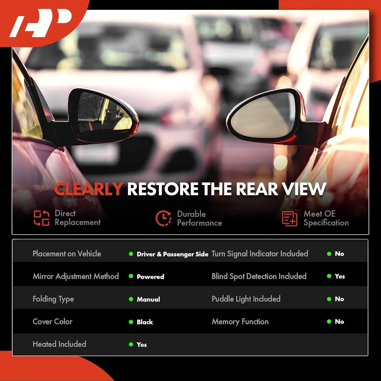 A-Premium Pair (2) Driver and Passenger Side Power Door Mirror - Compatible with Jeep Compass 2017-2023 - Heated Manual Folding Black Outside Rear View Mirror w/Blind Spot Detection