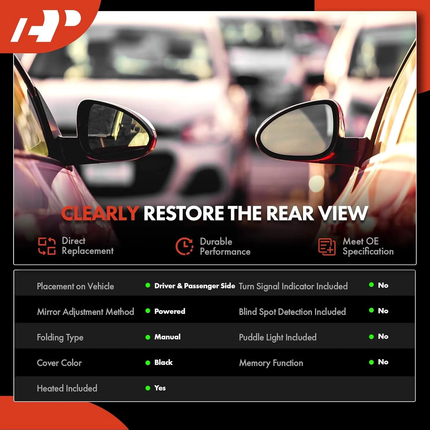 A-Premium Pair (2) Driver and Passenger Side Power Door Mirror - Compatible with Jeep Compass 2017-2023 - Heated Manual Folding Black Outside Rear View Mirror