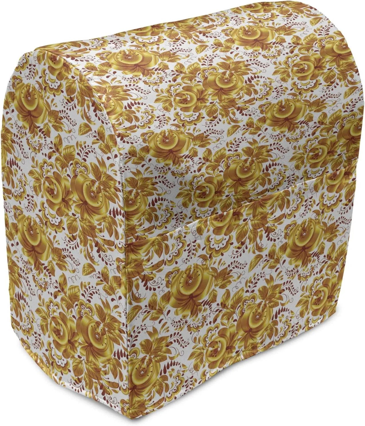Ambesonne Autumn Damask Stand Mixer Cover, Detailed Floral Elements Leafy Motifs Baroque Inspired Repetition, Kitchen Appliance Organizer Bag Cover with a Pocket, 6-8 Quarts, Yellow and Dark Orange