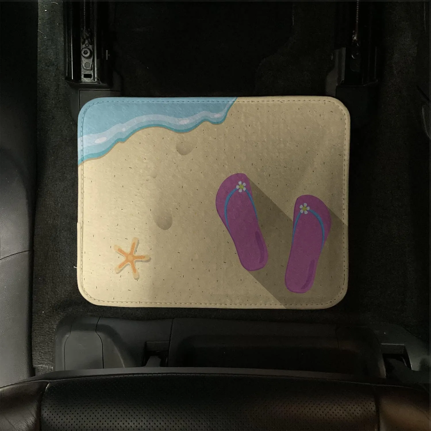 Ambesonne Flip Flop Car Mat Set of 4, Pinky Beach Thong and Starfish on Grainy Looking Sands by The Waves, Front & Back Seat Floor Mat Durable PVC Backing Car Accesory, Seafoam Pink