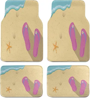 Ambesonne Flip Flop Car Mat Set of 4, Pinky Beach Thong and Starfish on Grainy Looking Sands by The Waves, Front & Back Seat Floor Mat Durable PVC Backing Car Accesory, Seafoam Pink