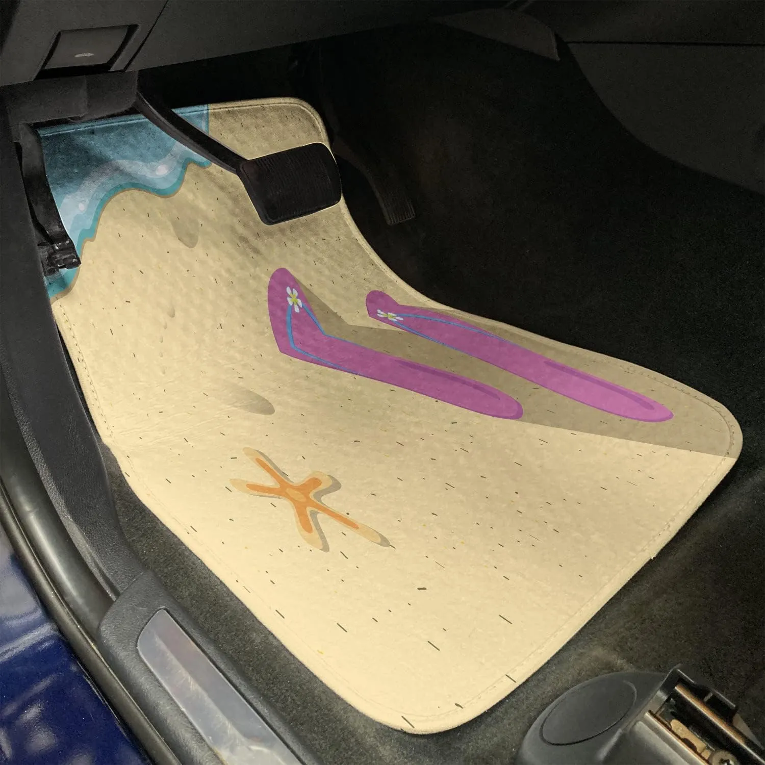 Ambesonne Flip Flop Car Mat Set of 4, Pinky Beach Thong and Starfish on Grainy Looking Sands by The Waves, Front & Back Seat Floor Mat Durable PVC Backing Car Accesory, Seafoam Pink