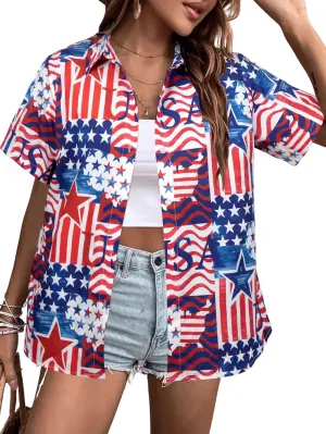American Flag Shirt Patriotic T-Shirt: Women 4th of July Tops USA Red White Blue Tee Memorial Day Button Down Shirts