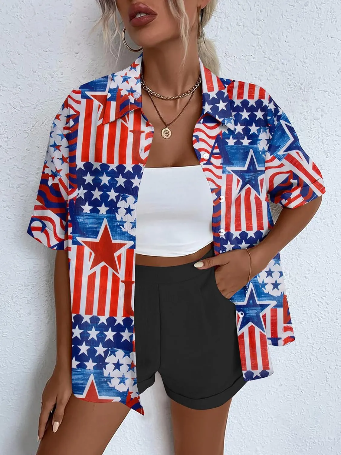 American Flag Shirt Patriotic T-Shirt: Women 4th of July Tops USA Red White Blue Tee Memorial Day Button Down Shirts