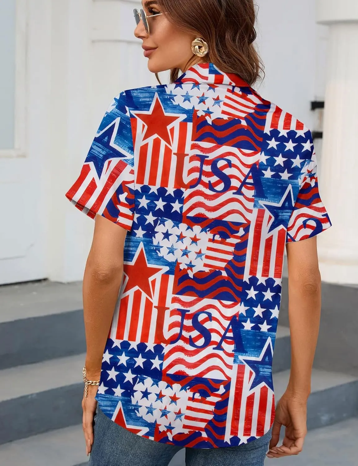 American Flag Shirt Patriotic T-Shirt: Women 4th of July Tops USA Red White Blue Tee Memorial Day Button Down Shirts