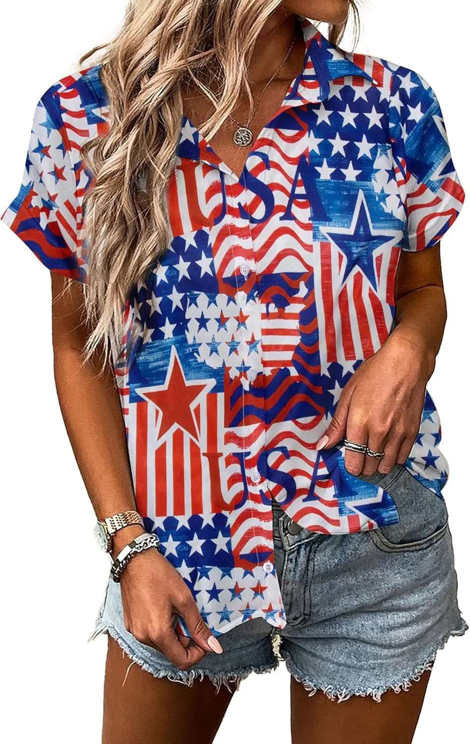 American Flag Shirt Patriotic T-Shirt: Women 4th of July Tops USA Red White Blue Tee Memorial Day Button Down Shirts