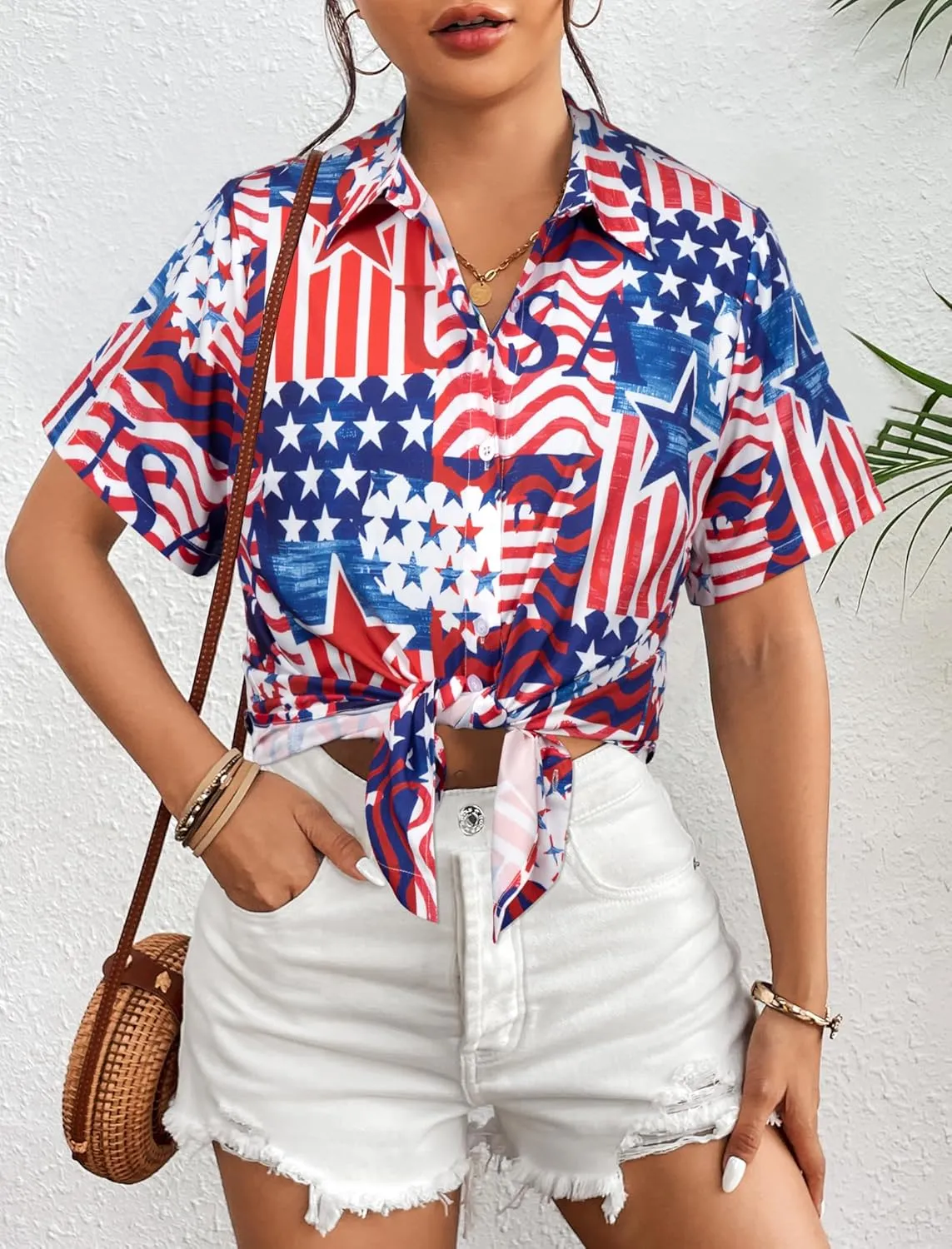 American Flag Shirt Patriotic T-Shirt: Women 4th of July Tops USA Red White Blue Tee Memorial Day Button Down Shirts