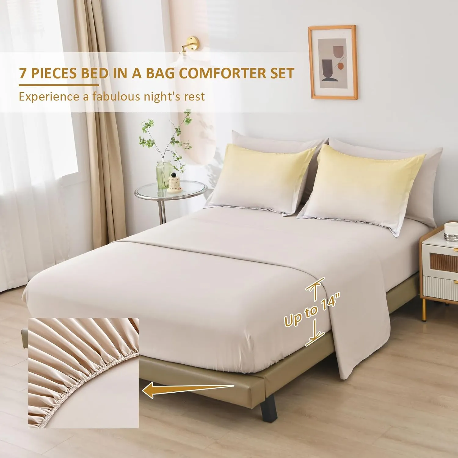 Anibedding 7 Pieces Gradient Yellow Comforter Set - Lightweight Grey and Yellow Ombre Bed in a Bag Set, All Season Down Alternative Light Grey Abstract Bedding Set for Teen Boys Girls Women (90" x90")