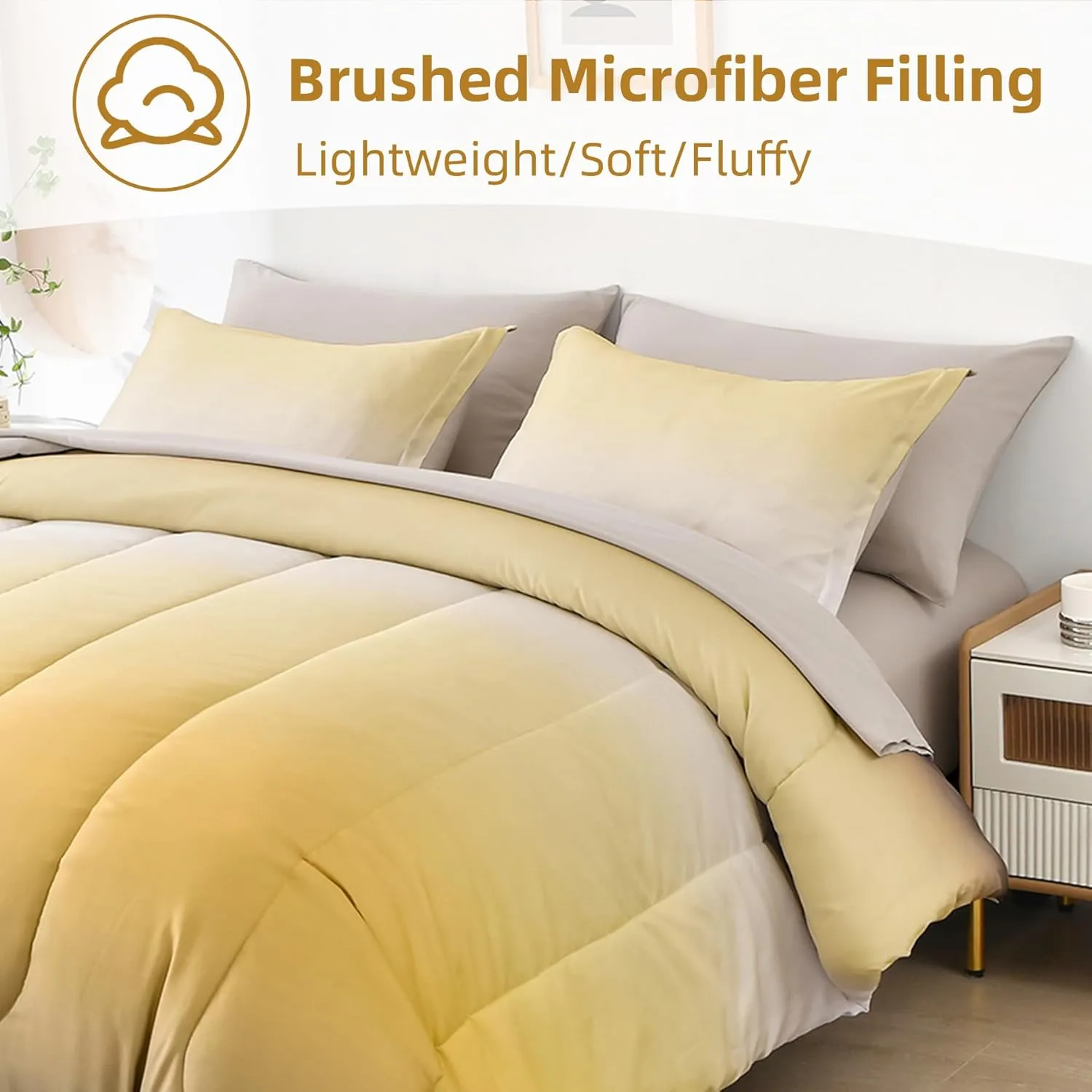 Anibedding 7 Pieces Gradient Yellow Comforter Set - Lightweight Grey and Yellow Ombre Bed in a Bag Set, All Season Down Alternative Light Grey Abstract Bedding Set for Teen Boys Girls Women (90" x90")