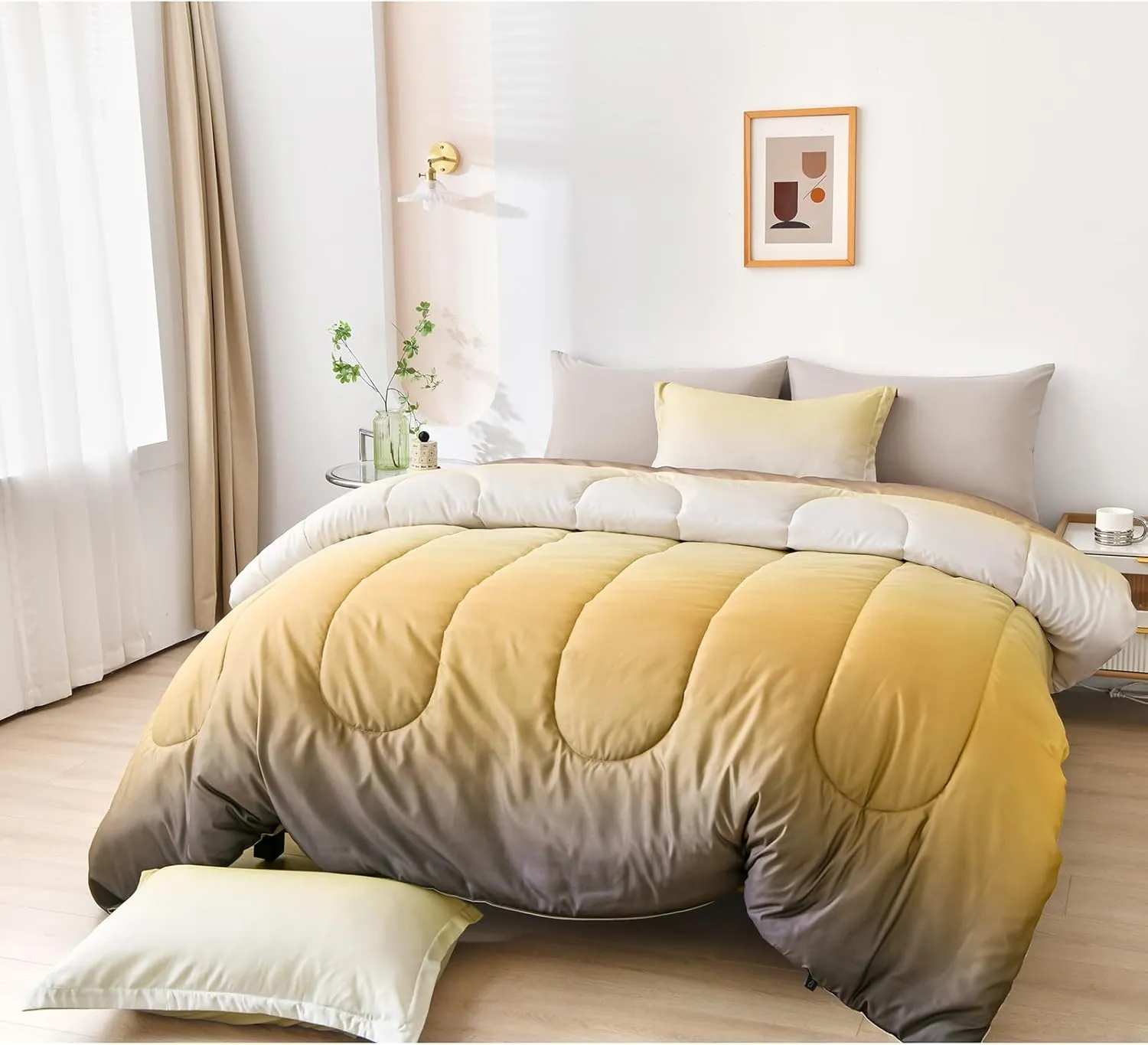 Anibedding 7 Pieces Gradient Yellow Comforter Set - Lightweight Grey and Yellow Ombre Bed in a Bag Set, All Season Down Alternative Light Grey Abstract Bedding Set for Teen Boys Girls Women (90" x90")