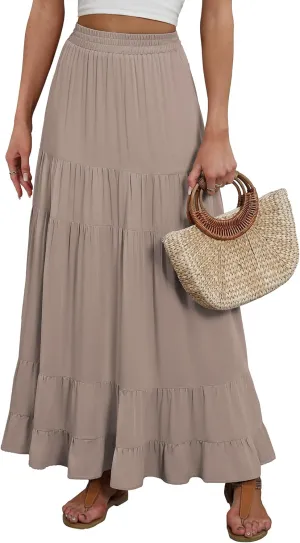 ANRABESS Womens Maxi Skirt Elastic High Waist Swing Tiered A-line Flowy Pleated Boho Beach Vacation Long Skirts