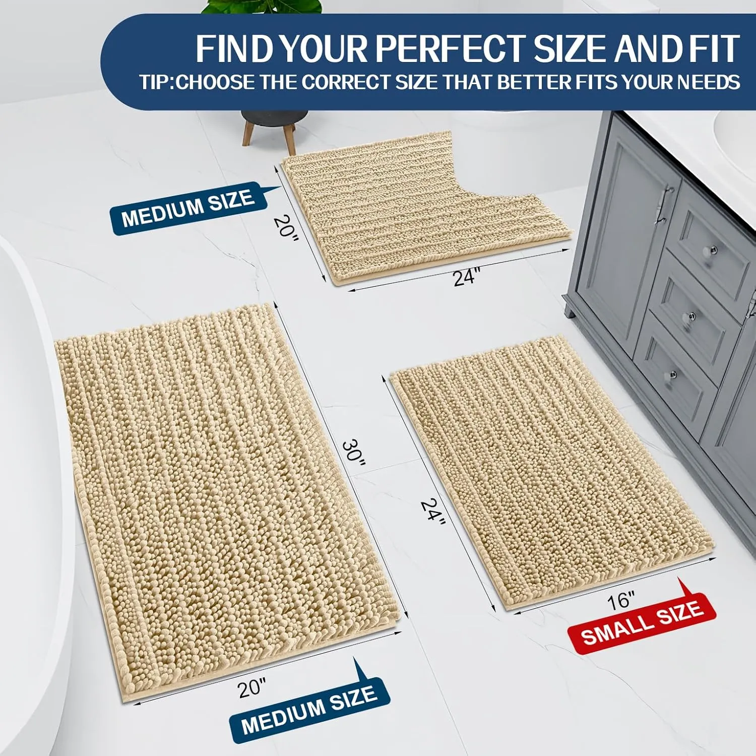 Arotive Luxury Chenille Bathroom Rug Mat, Extra Soft Thick Absorbent Shaggy Bath Rugs, Non-Slip Machine Wash Dry, Plush Bath Mats for Bathroom, Shower and Tub, 30x17, Beige
