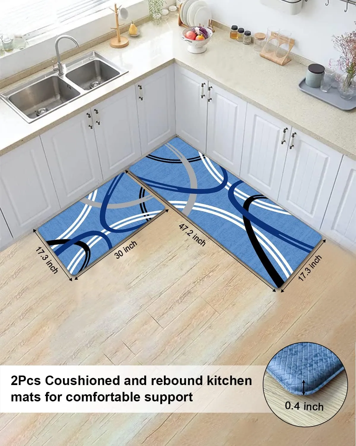 Artnice Kitchen Mats Sets of 2, Non Slip Cushioned Anti Fatigue Kitchen Rugs, Ergonomic Comfort Floor Mat, Waterproof Standing Mat for Home, Sink, Office, Laundry, 17.3"x30" 17.3"x47.2", Blue