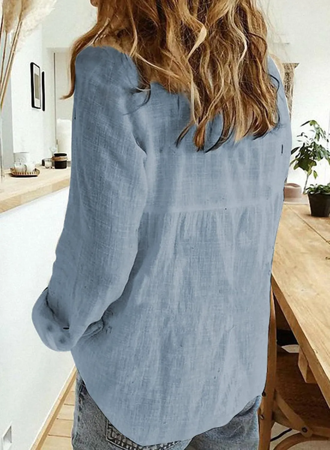 Astylish Womens V Neck Roll up Sleeve Button Down Blouses Tops