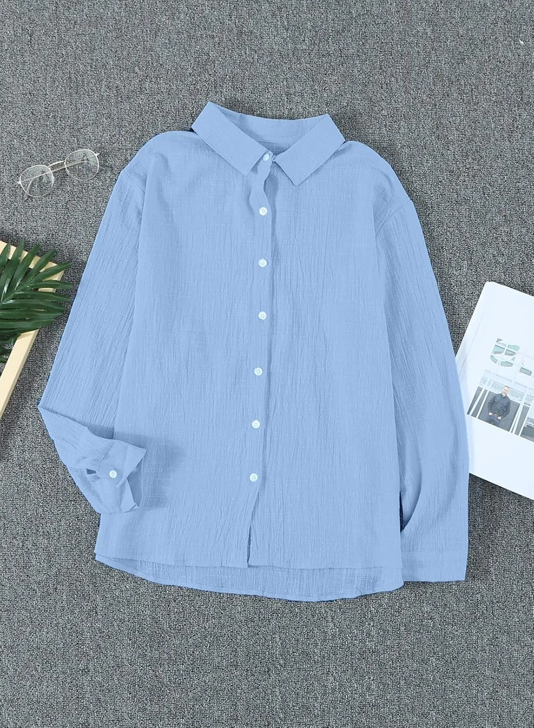 Astylish Womens V Neck Roll up Sleeve Button Down Blouses Tops