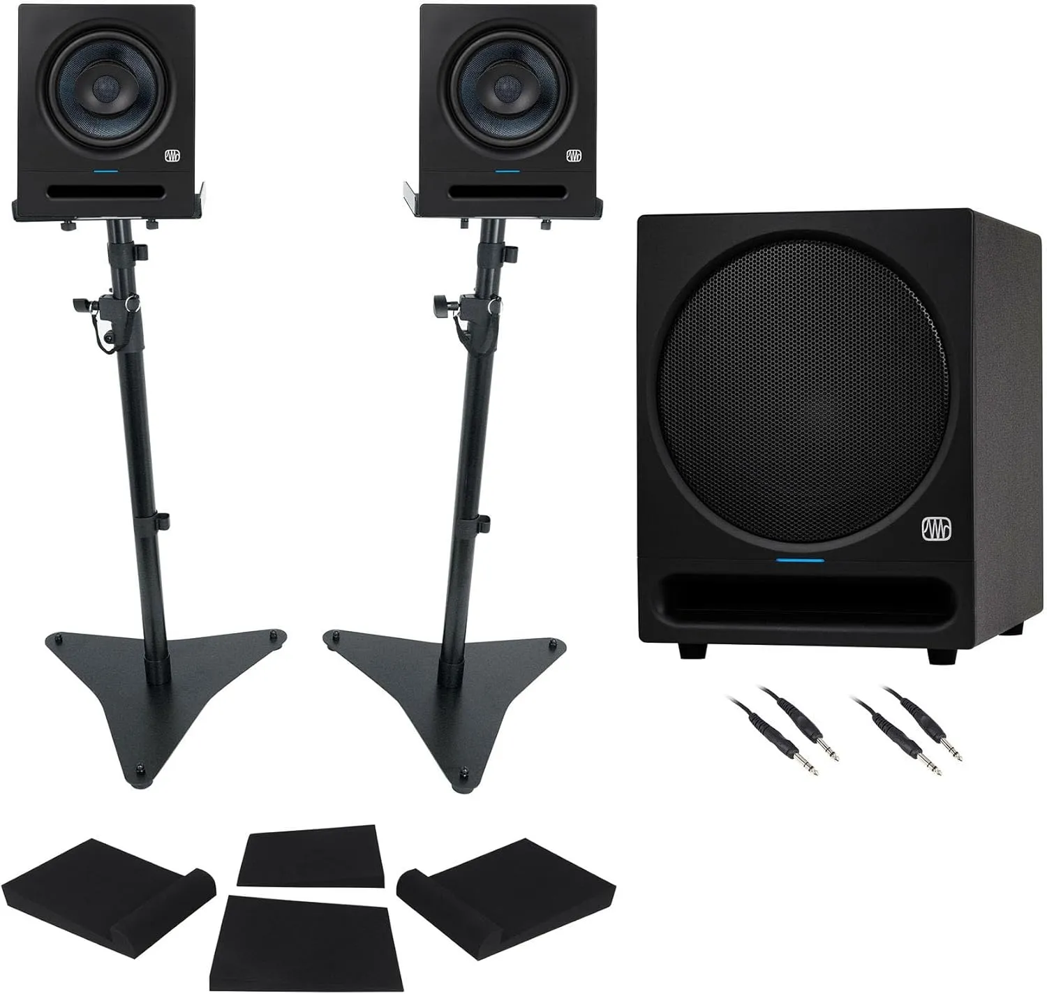Audiosavings Bundle: (2) Presonus Eris Pro 8" Active Coaxial 2-Way Studio Speaker Bundle w/Presonus Eris Pro Sub Active 10" Studio Subwoofer & (2) Rockville RVSM5 Pair Studio Speaker Stands (9 Items)